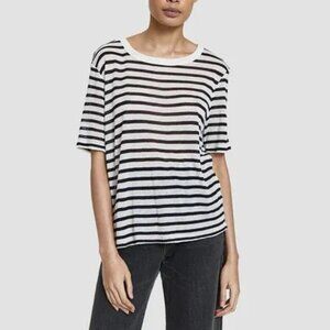 T by Alexander Wang White and Navy Striped Cropped T-Shirt